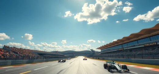 Une vue photoréaliste du circuit de Barcelone pendant une course de Formule 1, montrant l'excitation de l'événement et l'importance de ce circuit.