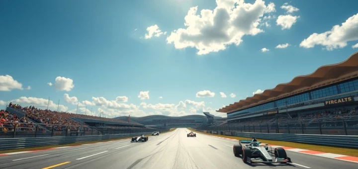 Une vue photoréaliste du circuit de Barcelone pendant une course de Formule 1, montrant l'excitation de l'événement et l'importance de ce circuit.