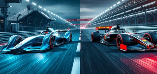 Comparaison entre les voitures de Formule E et de Formule 1 illustrant les innovations technologiques.