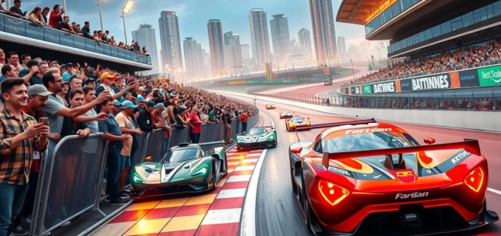 Une compétition automobile moderne avec des voitures innovantes et des fans enthousiastes.
