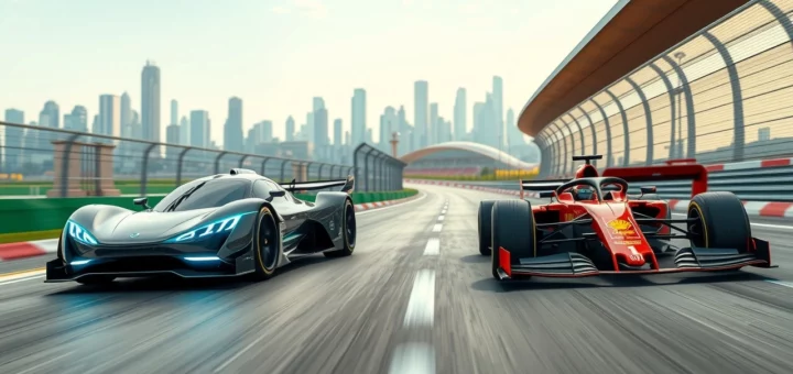 Une scène de course futuriste montrant la Formule E et la Formule 1, symbolisant un duel technologique.