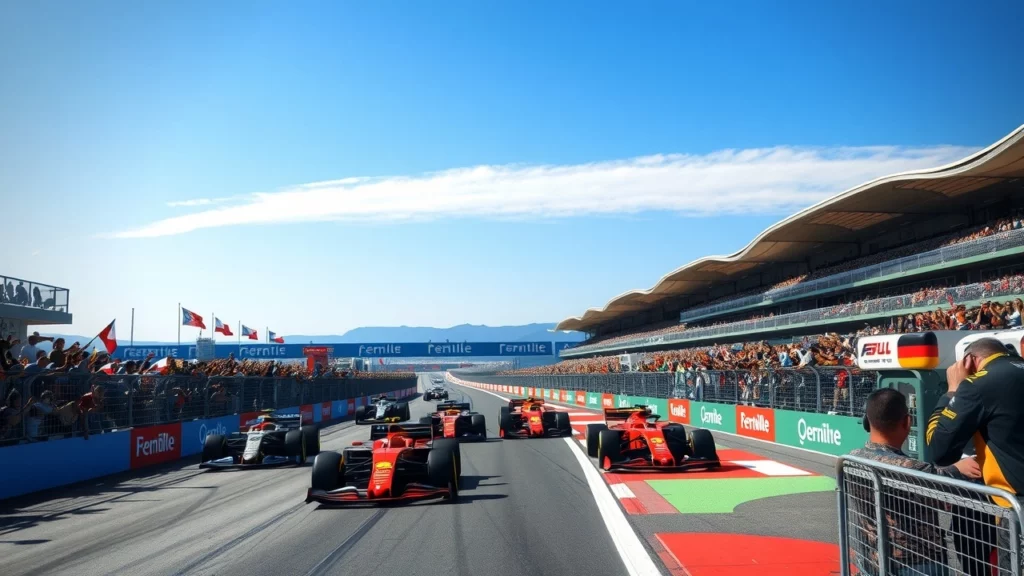 Une image réaliste d'une course de Formule 1 avec des voitures rapides et des spectateurs enthousiastes.