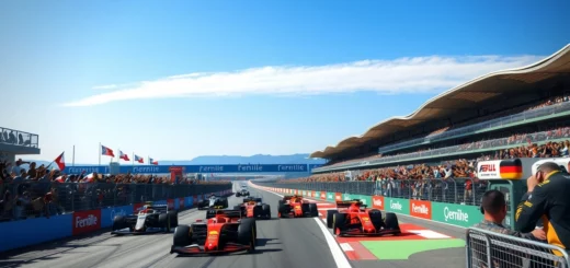 Une image réaliste d'une course de Formule 1 avec des voitures rapides et des spectateurs enthousiastes.
