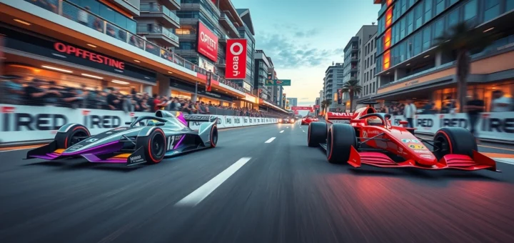 Une image montrant une course entre une voiture de Formule E et une voiture de Formule 1 dans une ville moderne.