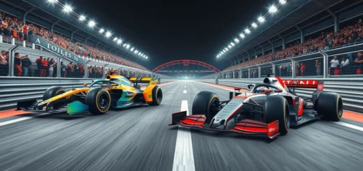 Une image montrant une voiture de Formule E face à une voiture de Formule 1 sur un circuit moderne.