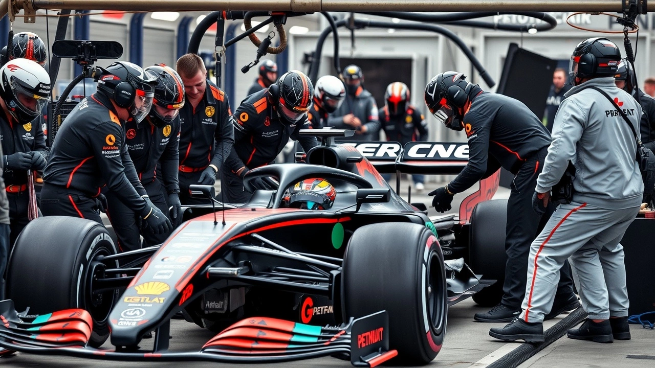 équipe de Formule 1 travaillant ensemble au stand