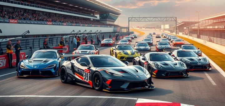 Une scène dynamique de sport automobile moderne avec des voitures de course sur un circuit contemporain.