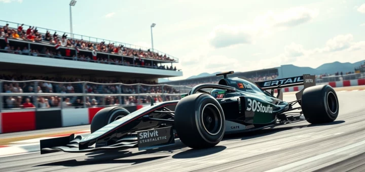 Une illustration de la Formule 1 moderne avec des voitures et des spectateurs, représentant l'influence d'Alain Prost.