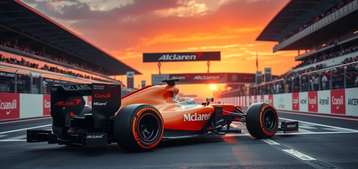 Une image montrant une voiture de Formule 1 McLaren remportant le Grand Prix de Bahreïn avec un public en liesse.