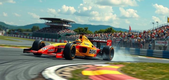 Une image photoréaliste d'une voiture de Formule 1 moderne inspirée par Ayrton Senna, sur un circuit animé.