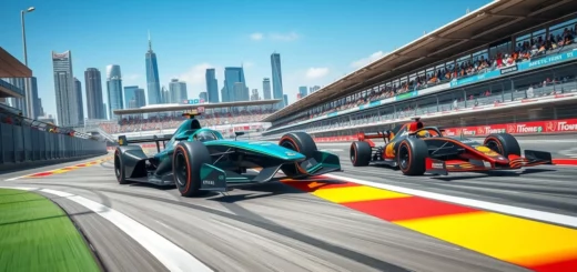 Scène illustrant la course entre la Formule E et la Formule 1 dans un environnement urbain dynamique.