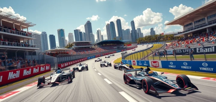 Une illustration photorealiste du championnat de Formule E à Miami sur le circuit de Homestead-Miami Speedway.