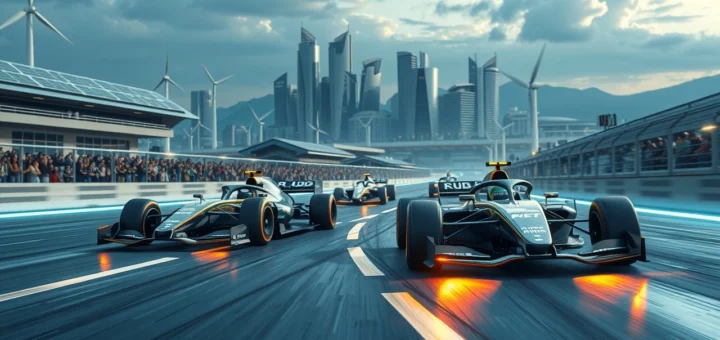 Une scène de course de Formule 1 futuriste avec des voitures électriques sur un circuit moderne.