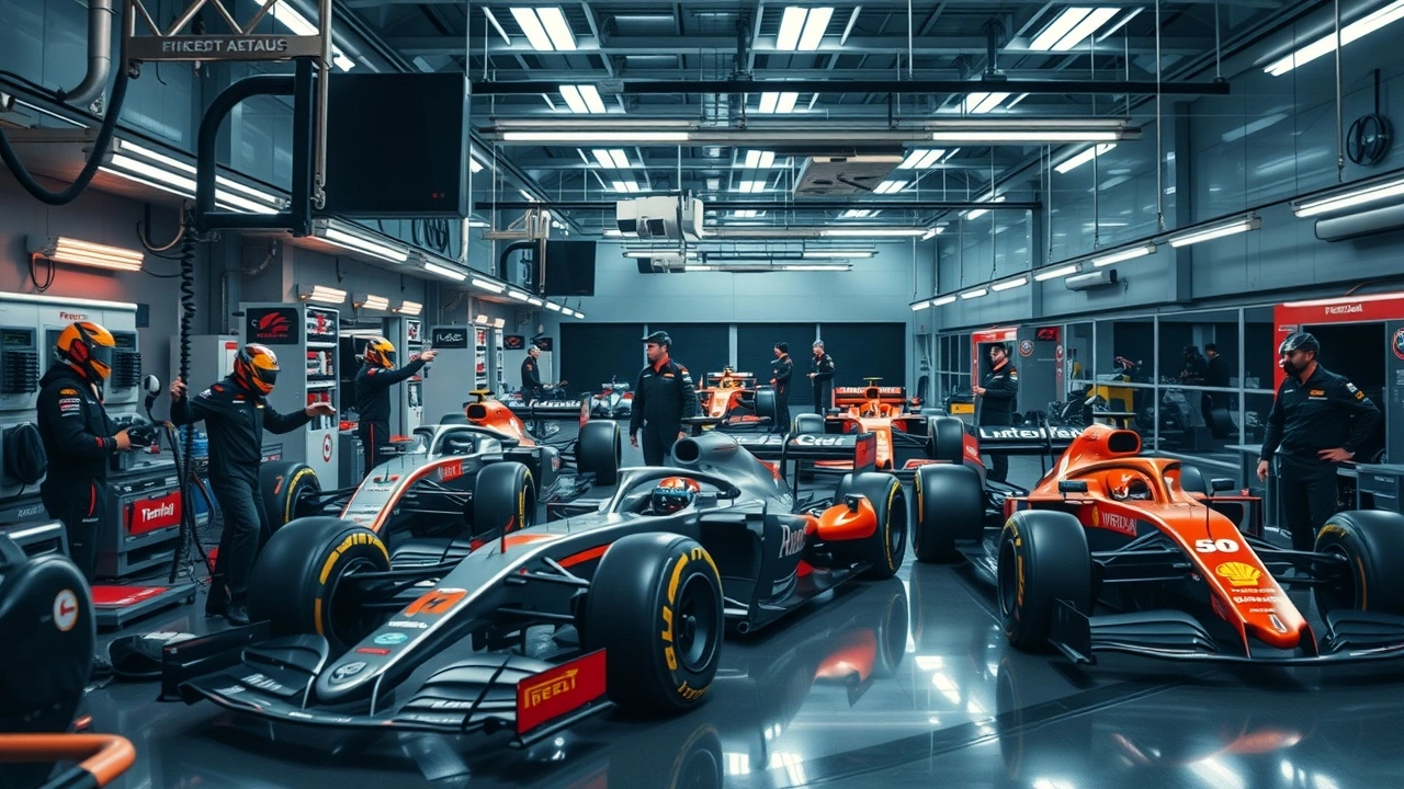 garage d equipe de formule 1 avec voitures et mecaniciens