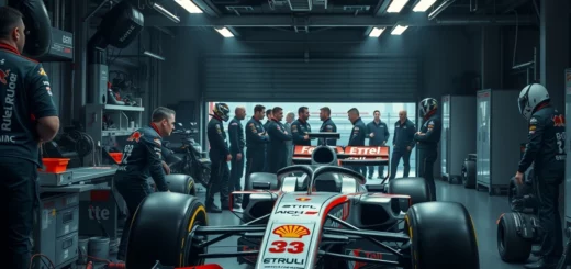 Une illustration photoréaliste d'un garage d'équipe de F1 en pleine crise, montrant des mécaniciens au travail sur une voiture de course.