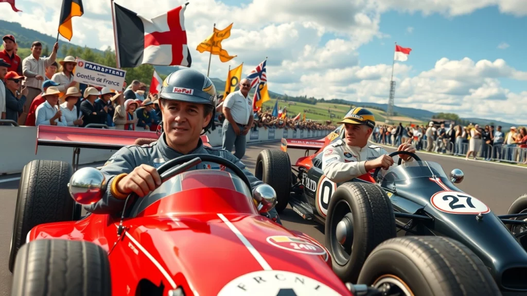 Une représentation photoréaliste du Grand Prix de France Historique 2025 avec Alain Prost et Jean Alesi.