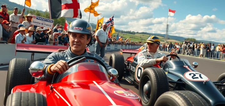 Une représentation photoréaliste du Grand Prix de France Historique 2025 avec Alain Prost et Jean Alesi.