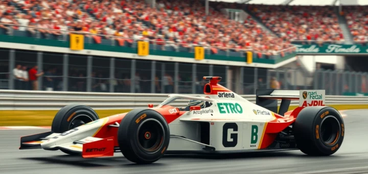 Une illustration photoréaliste d'une voiture de Formule 1 moderne en course, évoquant l'héritage d'Ayrton Senna.