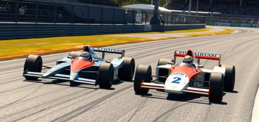 Illustration de deux voitures de course représentant Nicolas Prost et Andre Prost sur un circuit.