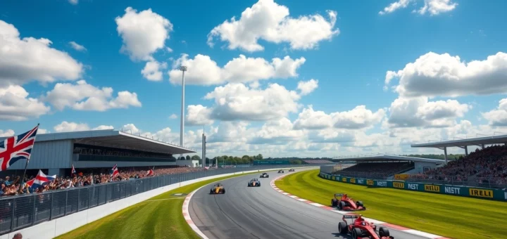 Une illustration photoréaliste du circuit de Silverstone pendant le Grand Prix, montrant l'atmosphère unique et les spectateurs enthousiastes.