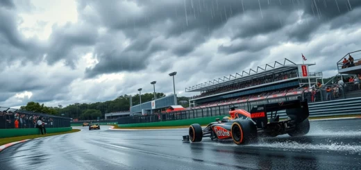 Une vue photoréaliste du Circuit des Amériques à Austin, montrant l'impact des conditions climatiques sur une course de F1.