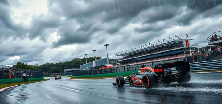 Une vue photoréaliste du Circuit des Amériques à Austin, montrant l'impact des conditions climatiques sur une course de F1.