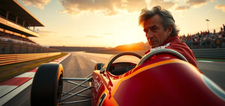 Image d'Alain Prost en pleine course de Formule 1, montrant son expertise en vitesse et stratégie.