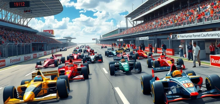 Une représentation photoréaliste des écuries de F1 au fil des ans avec des voitures de course et des environnements variés.