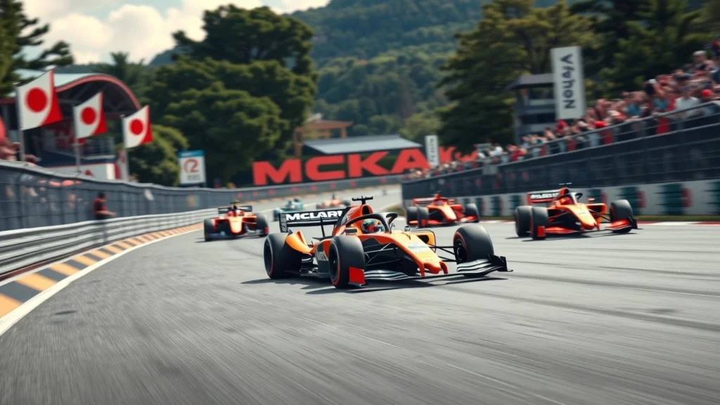 Une voiture de Formule 1 McLaren en tête sur le circuit japonais.