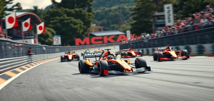 Une voiture de Formule 1 McLaren en tête sur le circuit japonais.