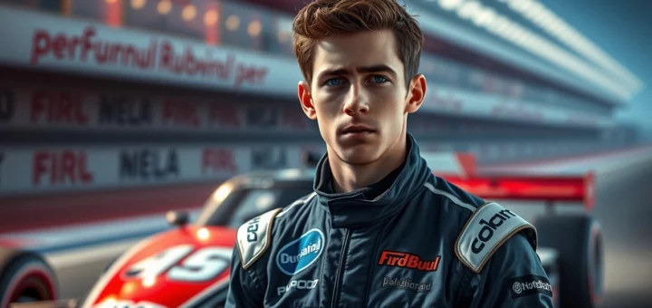Portrait d'un jeune pilote de course, Nicolas Prost, dans un environnement de course.