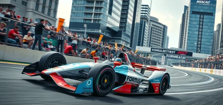 Nicolas Prost en action dans une voiture de Formule E sur un circuit urbain.