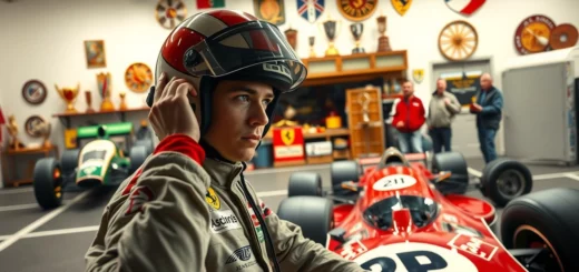 Une image illustrant un pilote moderne dans un environnement mêlant tradition familiale et défis du sport automobile.