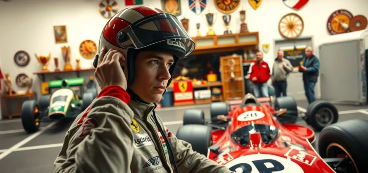 Une image illustrant un pilote moderne dans un environnement mêlant tradition familiale et défis du sport automobile.