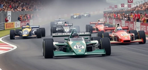 Image illustrant des pilotes de F1 emblématiques marquant l'histoire de la compétition sur un circuit.