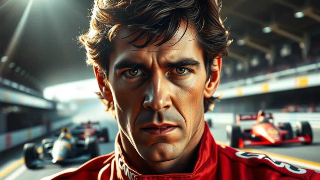 Un portrait photoréaliste d'Ayrton Senna avec une expression déterminée.