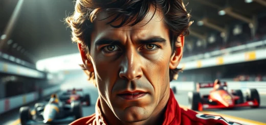 Un portrait photoréaliste d'Ayrton Senna avec une expression déterminée.