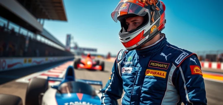 Portrait photorealiste de Nicolas Prost sur un circuit de course.