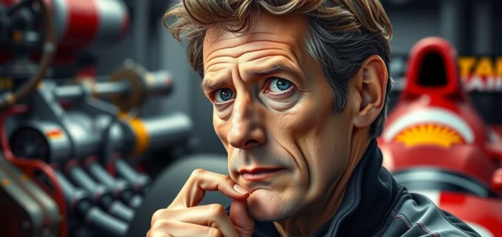 Portrait photoréaliste de Nicolas Prost illustrant son héritage et son innovation dans le sport automobile.