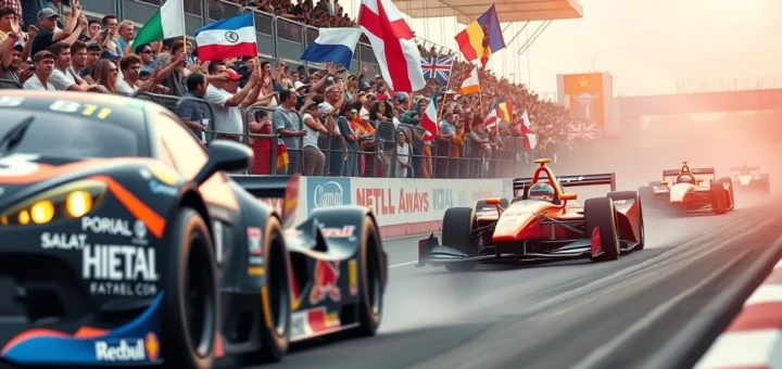 Une scène dynamique d'un événement de course automobile montrant l'engagement des fans.