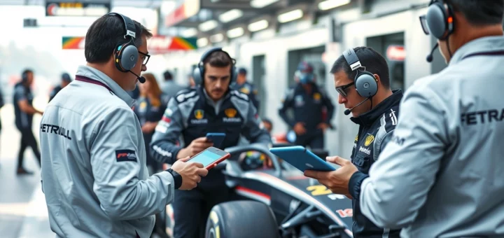 Une scène de pit stop en Formule 1 montrant des technologies de communication sans fil avancées.