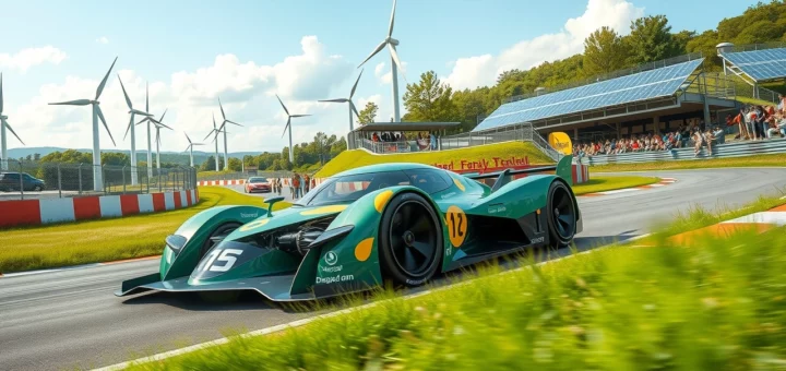 Une image illustrant une voiture de course futuriste et écologique sur une piste de course entourée de nature.