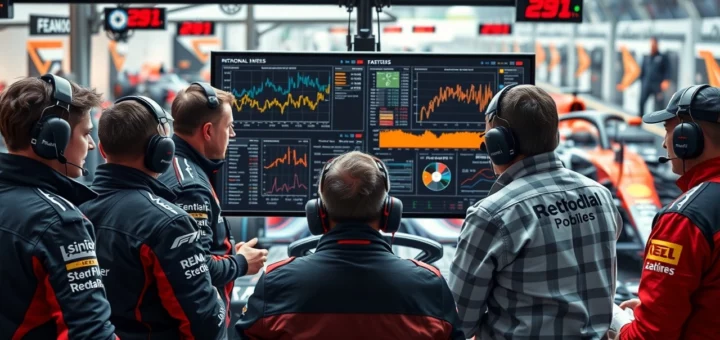 Une réunion stratégique des écuries de F1 avec des ingénieurs et des tacticiens analysant des données.