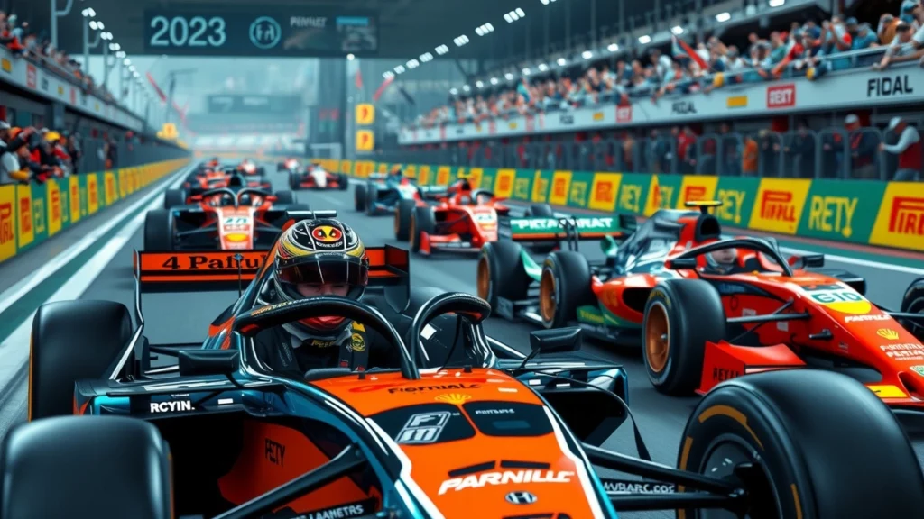 Une image représentant des pilotes émergents de la Formule 1 en 2023 sur un circuit, montrant l'ambiance dynamique d'une course.