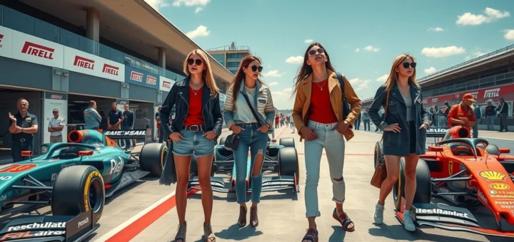 Scène photoréaliste des tendances de la mode dans le paddock de la Formule 1.