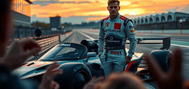 Un pilote de course se tenant près de sa voiture, symbolisant l'héritage et l'identité.