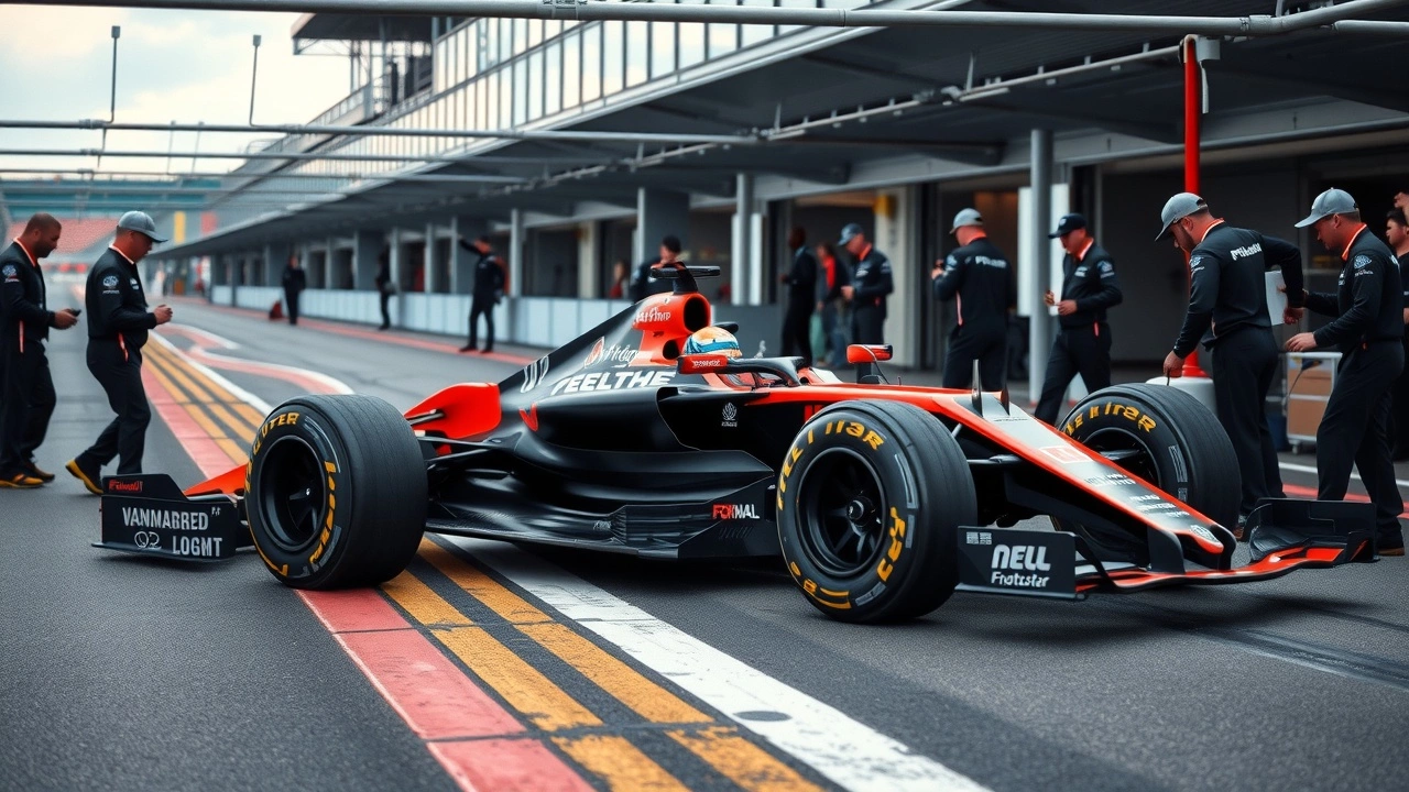 voiture de formule 1 sur circuit avec équipe de pit