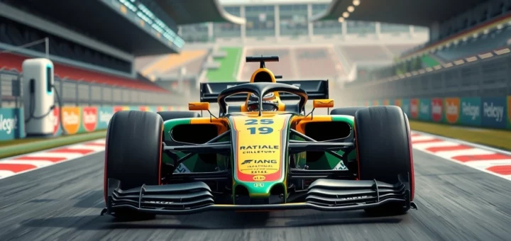 Illustration d'une voiture de Formule 1 moderne mettant en avant des technologies de propulsion novatrices sur un circuit.