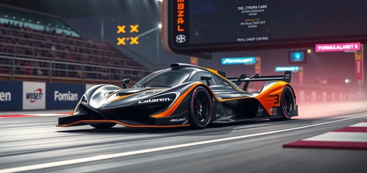 Une illustration photoréaliste d'une voiture de course McLaren sur un circuit de Formule E, symbolisant un changement majeur dans le sport automobile.