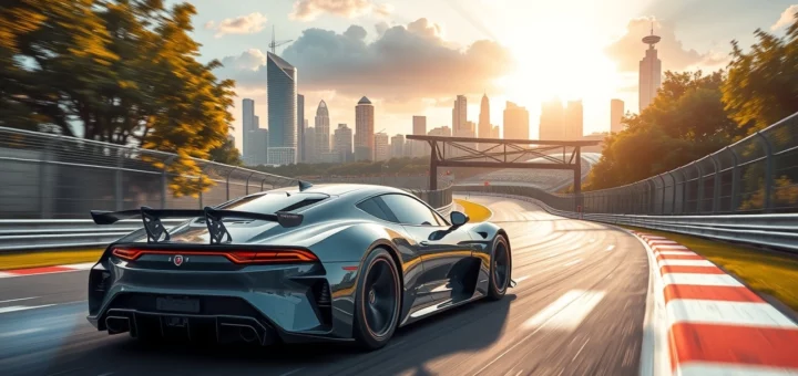 Une voiture de course autonome sur un circuit futuriste.